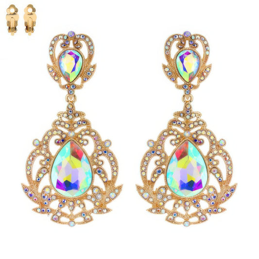 Crystal Teardrop Shaped Filigree Clip On Earrings - Tigbul's Variety Fashion Shop