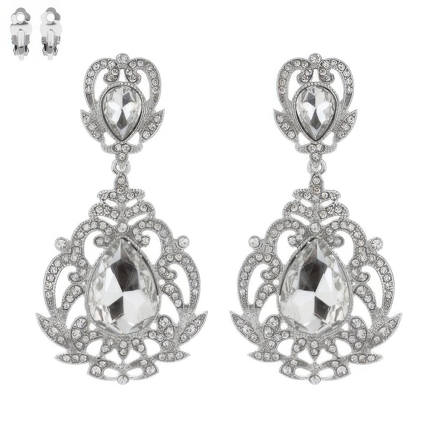 Crystal Teardrop Shaped Filigree Clip On Earrings - Tigbul's Variety Fashion Shop
