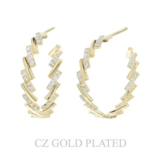 31mm Gold Plated Cz Zig-zag Half Hoop Earrings - Tigbul's Variety Fashion Shop