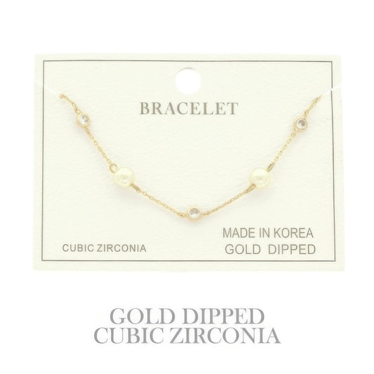 Gold Plated Pearl Cz Station Bracelet - Tigbul's Variety Fashion Shop