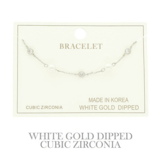 Gold Plated Pearl Cz Station Bracelet - Tigbul's Variety Fashion Shop