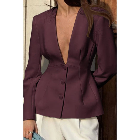 Solid Long Sleeve V Neck Button Fit Blazer | Tigbuls Variety Fashion