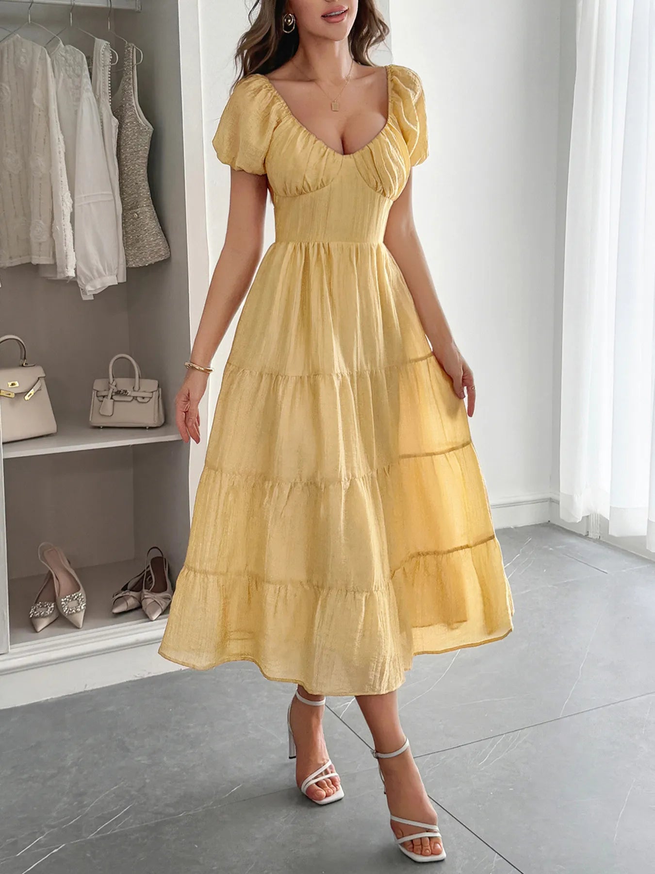 V-Neck Short Sleeve Midi Dress - Tigbul's Variety Fashion Shop