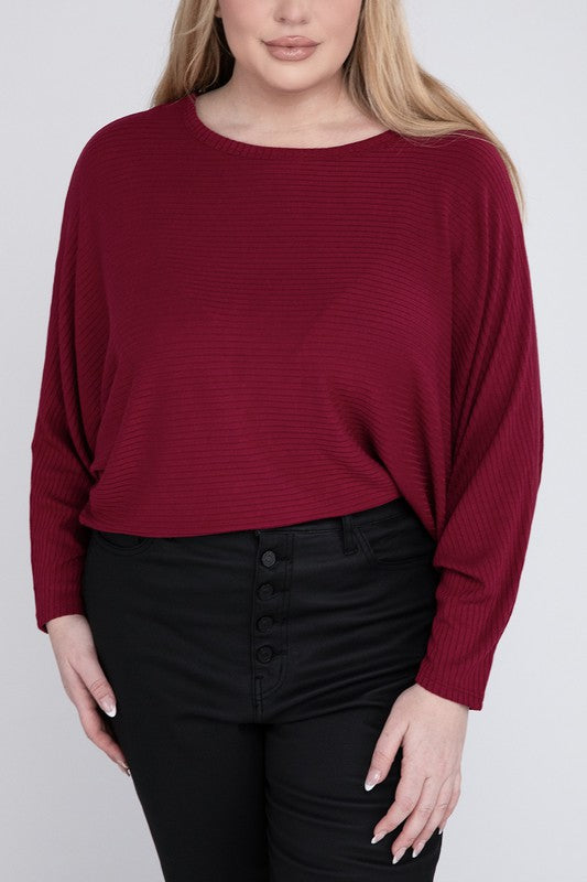 Plus Ribbed Batwing Long Sleeve Boat Neck Sweater - Tigbul's Variety Fashion Shop