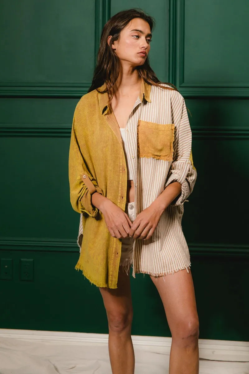 Washed Raw Hem Shirt - Tigbul's Variety Fashion Shop