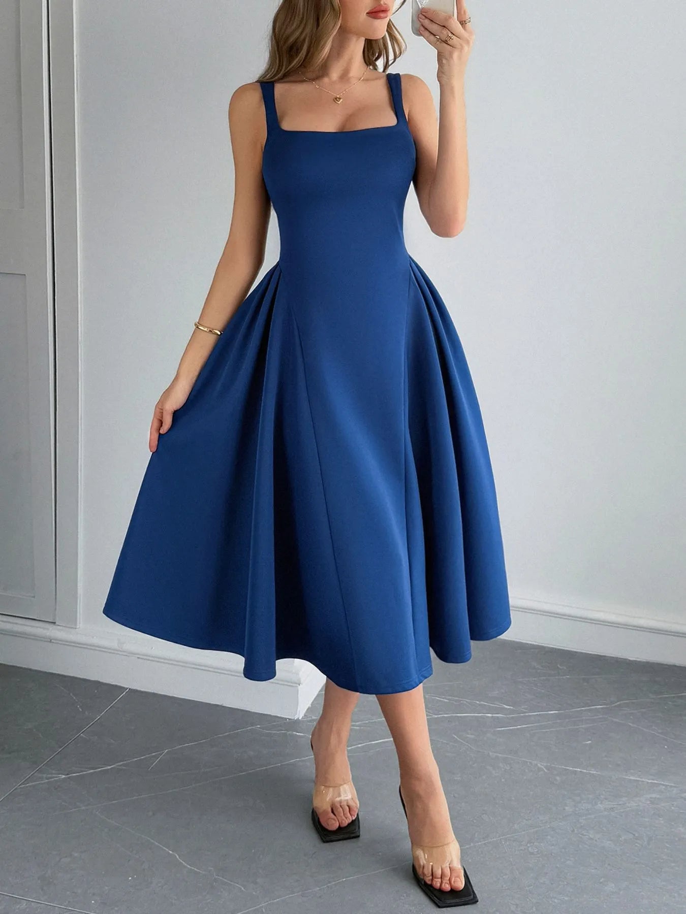 Square Neck Wide Strap Midi Dress - Tigbul's Variety Fashion Shop