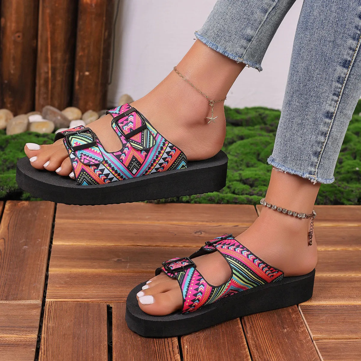 Ethnic Print Double Buckle Sandals - Tigbul's Variety Fashion Shop