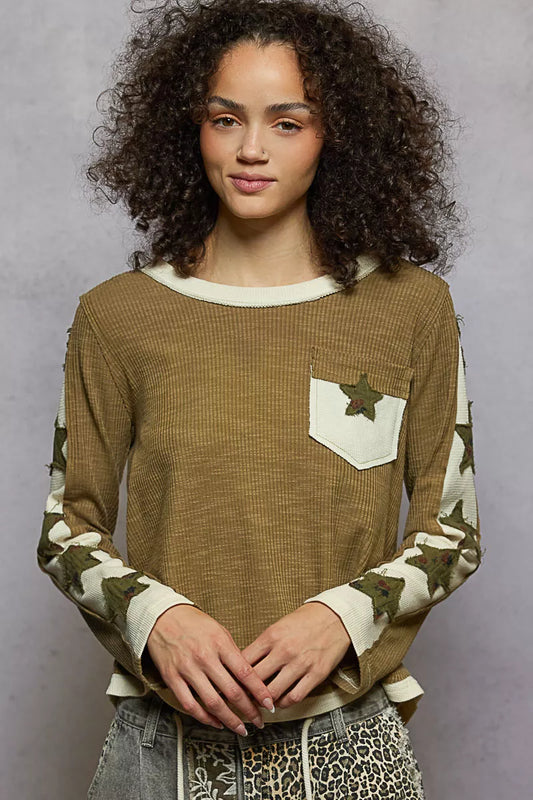POL Round Neck Long Sleever T-Shirt with Star Patch - Tigbul's Variety Fashion Shop