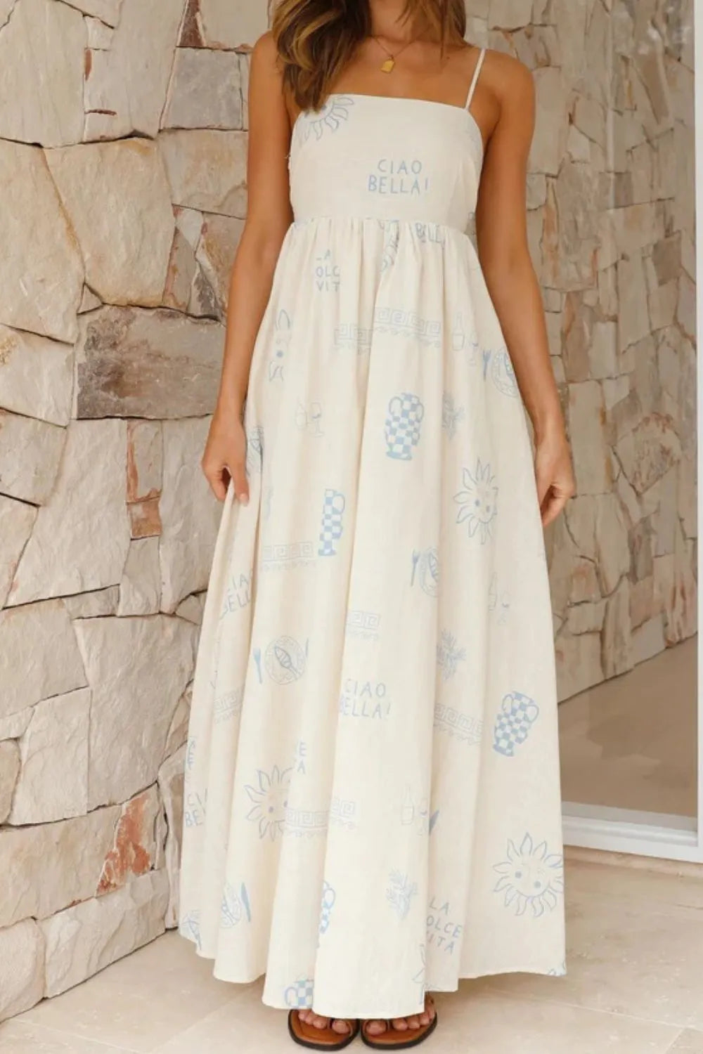 Cutout Back Printed Square Neck Maxi Cami Dress - Tigbul's Variety Fashion Shop