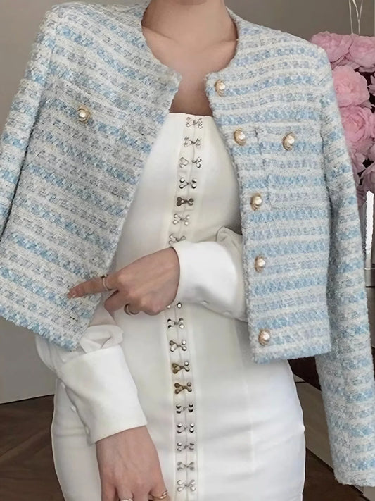 Button Up Cropped Tweed Outerwear - Tigbul's Variety Fashion Shop