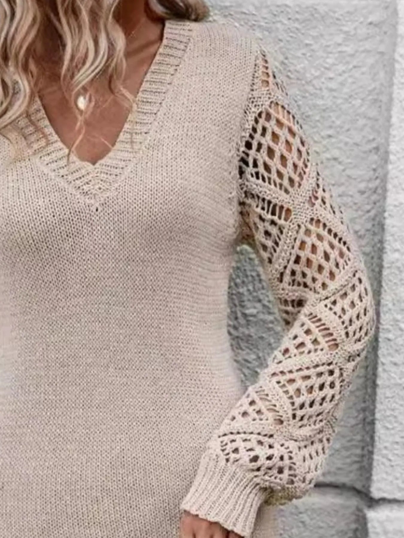 V-Neck Hollow Out Sleeve Sweater Dress - Tigbul's Variety Fashion Shop