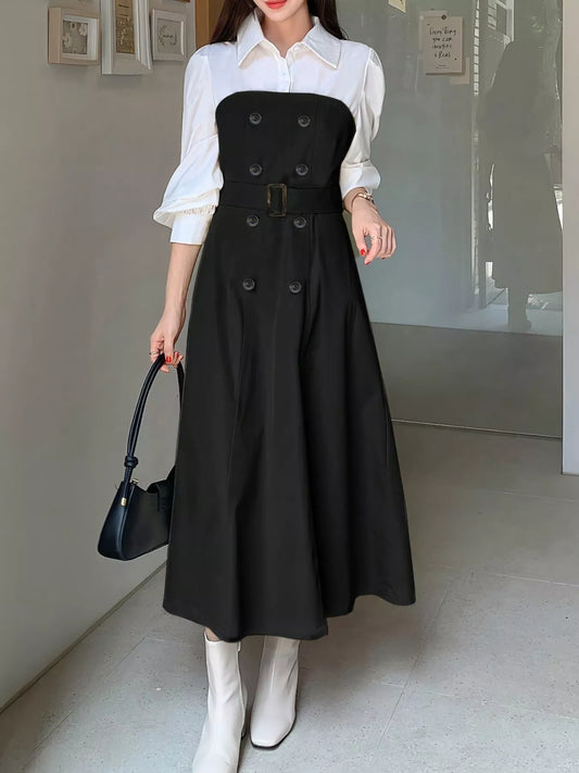 Two Tone Long Sleeve Collared Neck Dress - Tigbul's Variety Fashion Shop