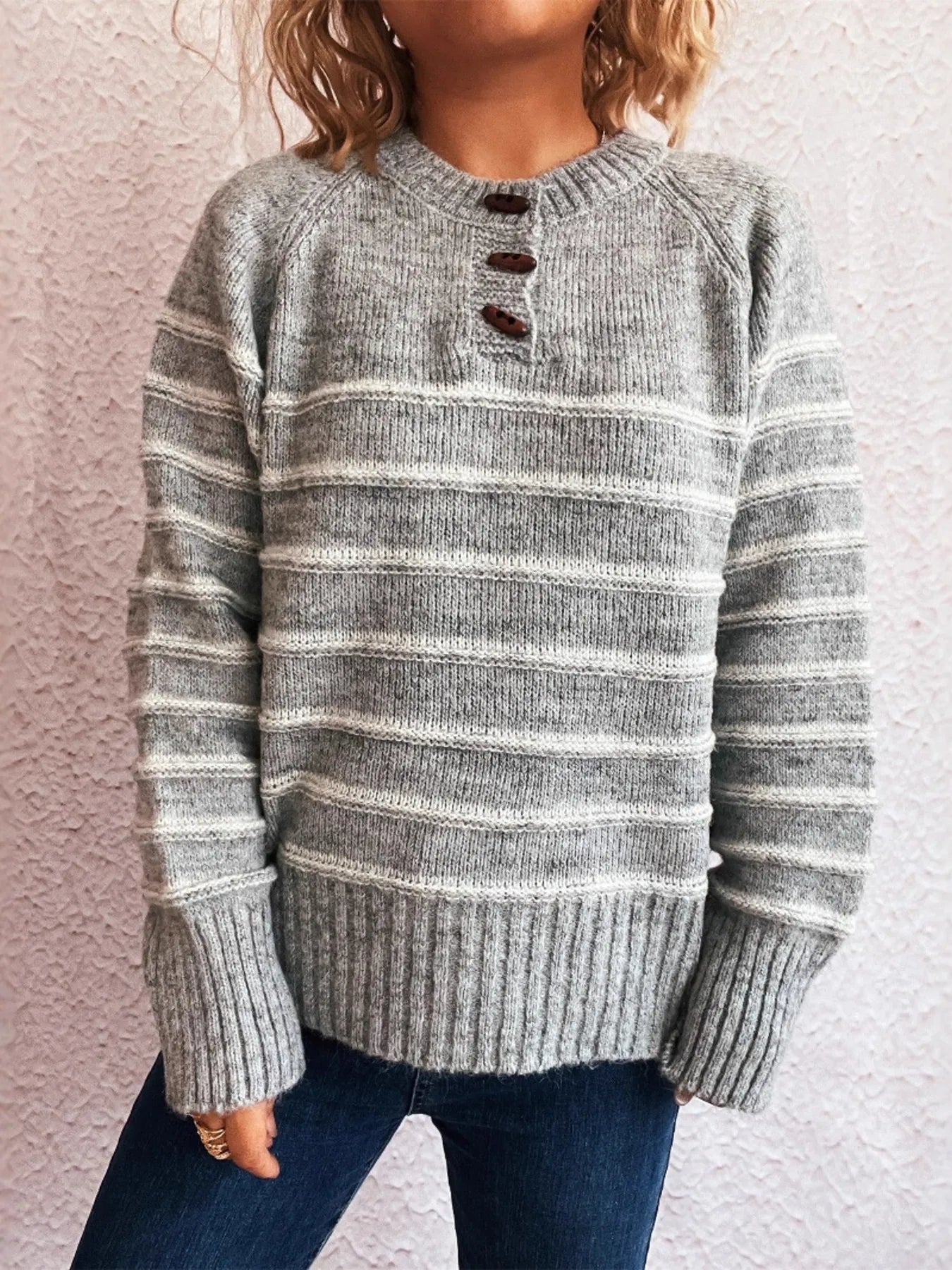 Striped Button Detail Long Sleeve Sweater - Tigbul's Variety Fashion Shop