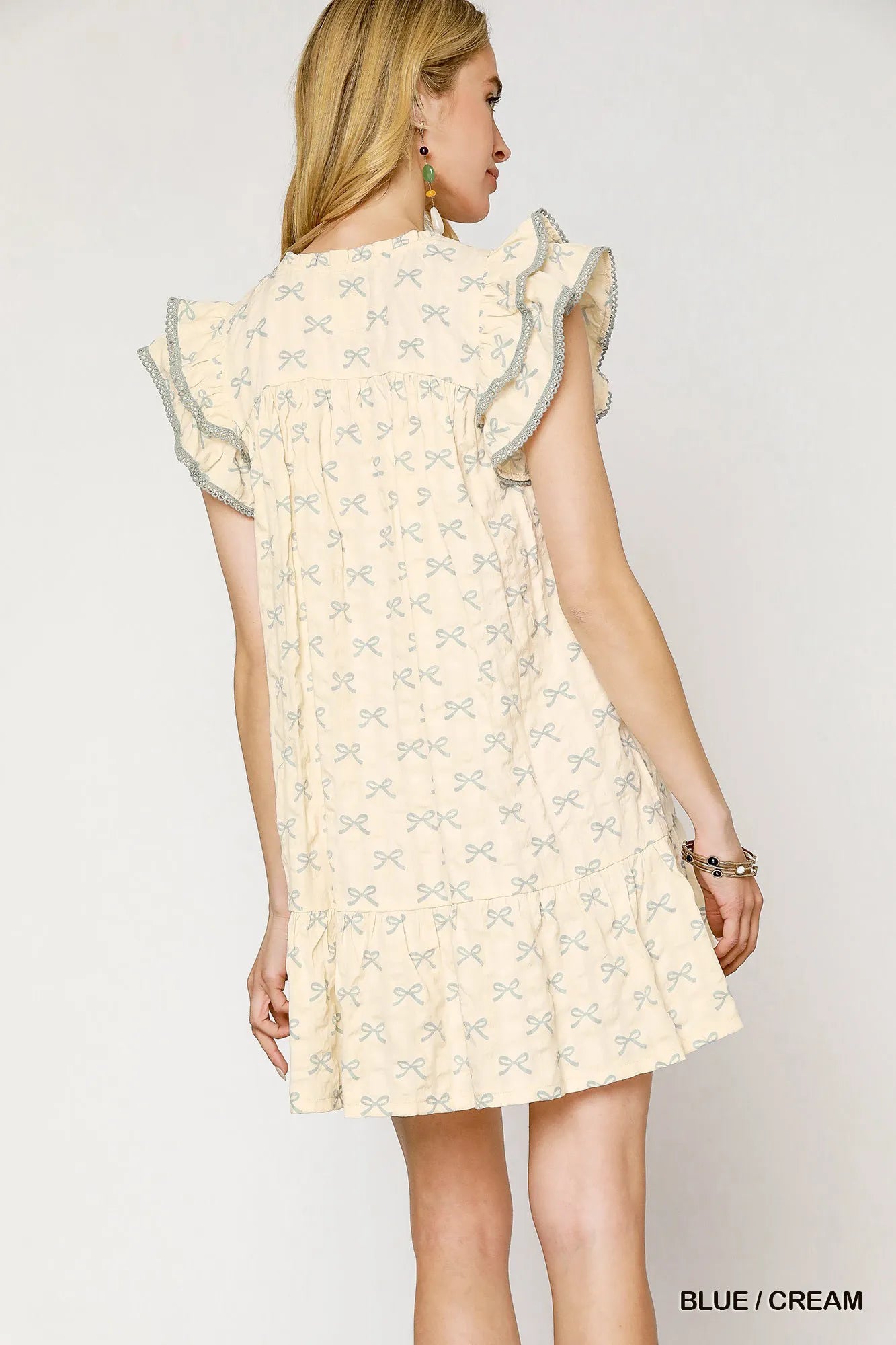 Umgee Bow Print Ruffled Cap Sleeve Mini Dress - Tigbul's Variety Fashion Shop