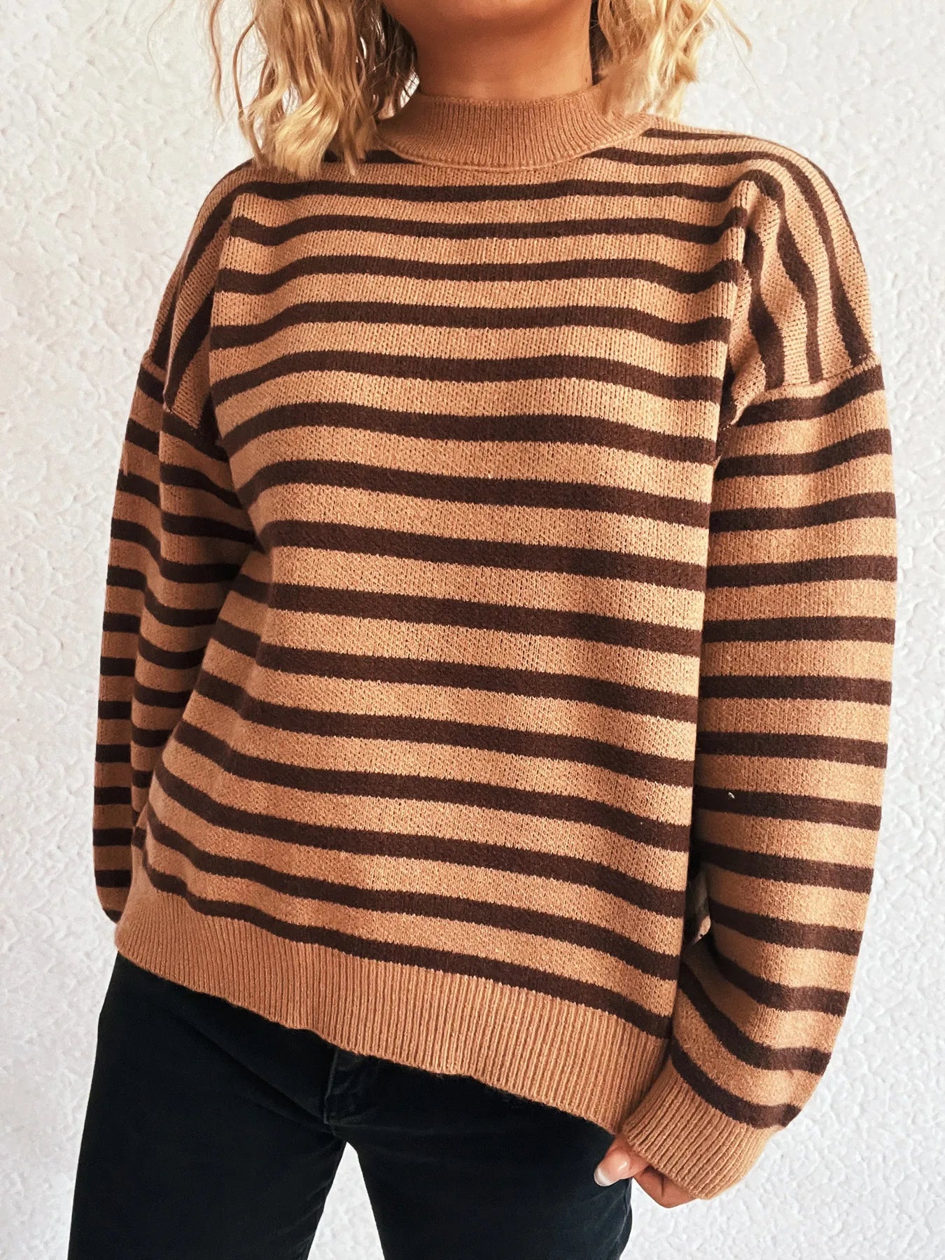 Striped Mock Neck Long Sleeve Sweater - Tigbul's Variety Fashion Shop