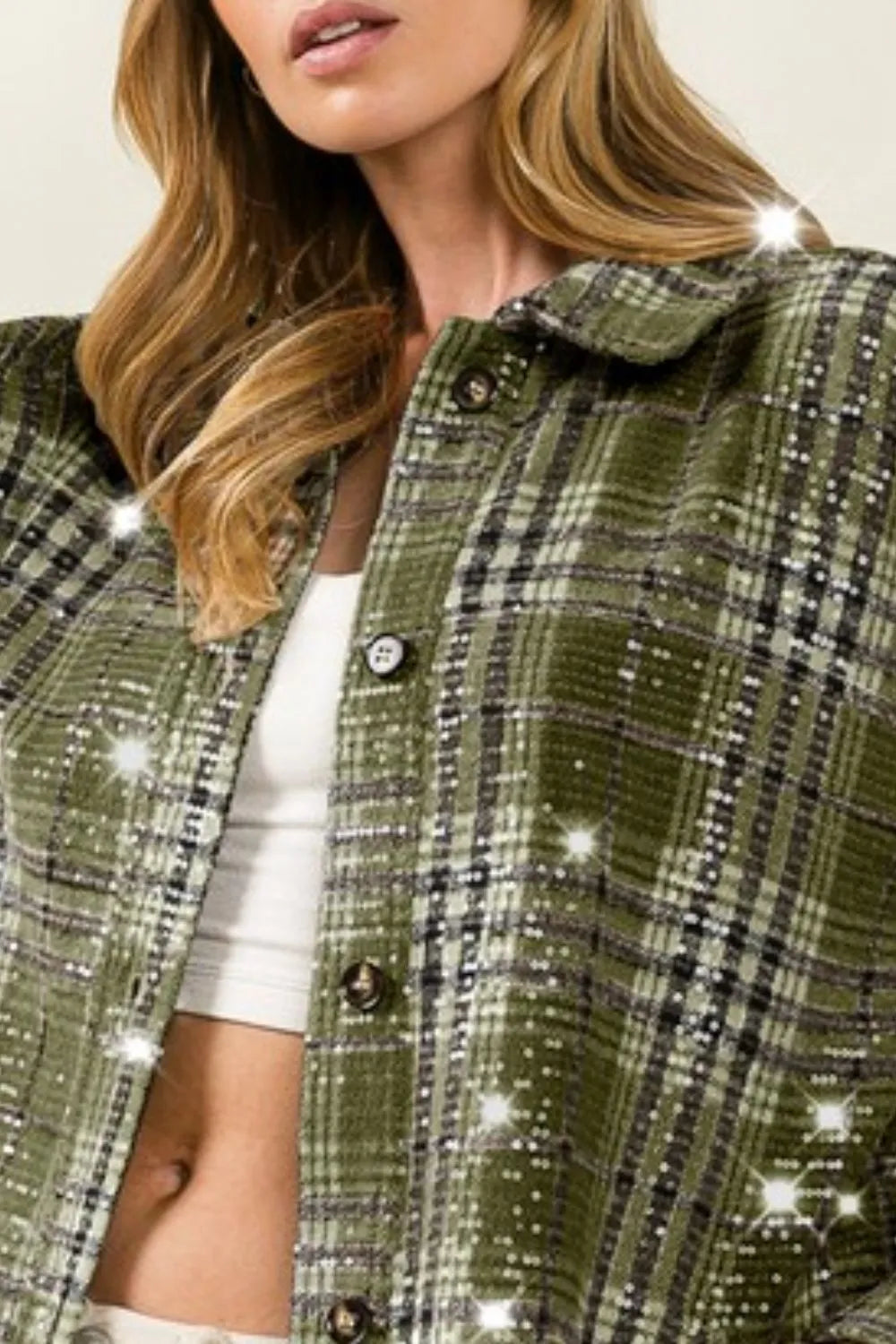 Allover Clear Sequins Vintage Plaid Jacket - Tigbul's Variety Fashion Shop