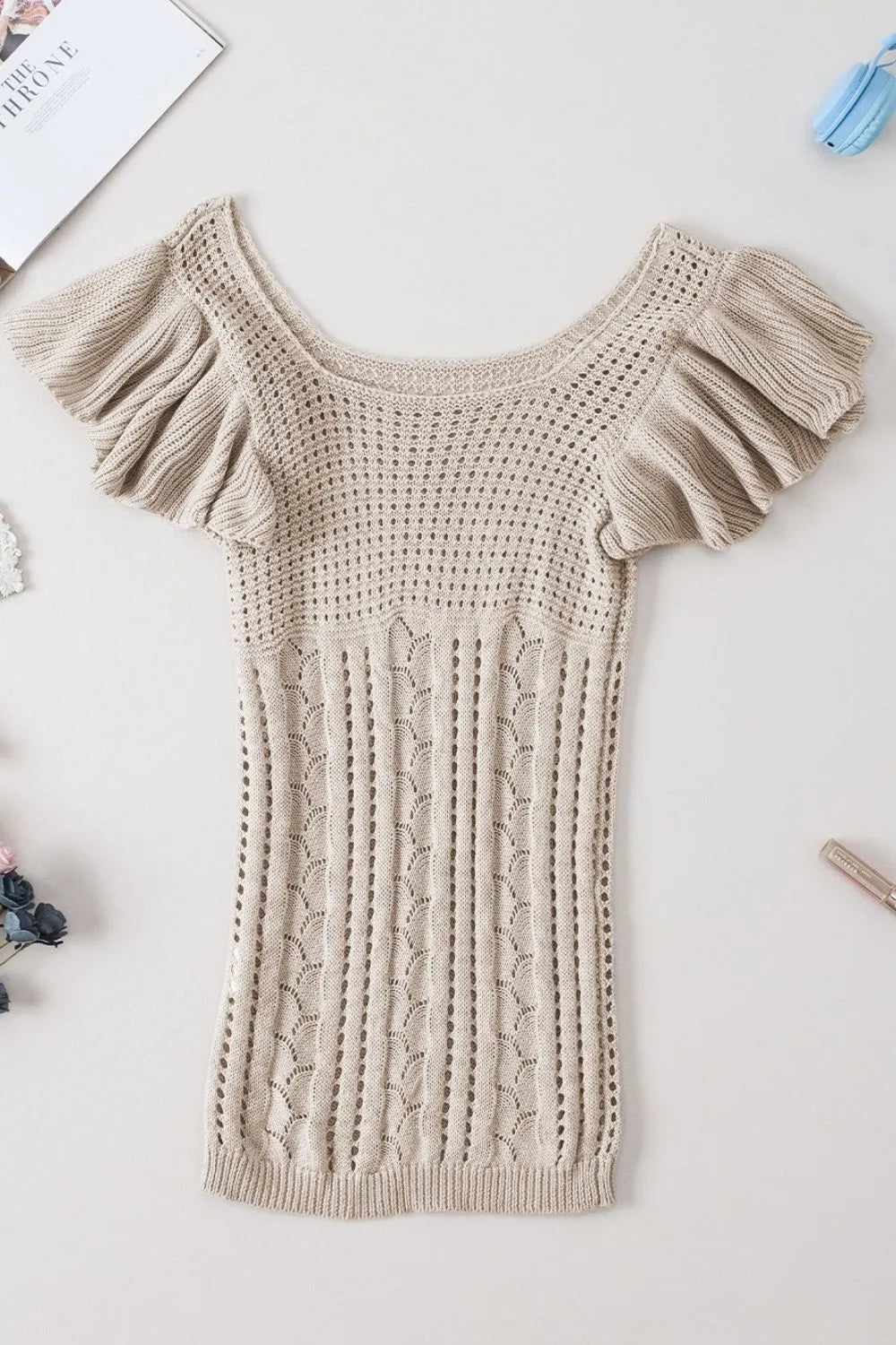 Openwork Ruffled Scoop Neck Knit Khaki Shirt Top - Tigbul's Variety Fashion Shop