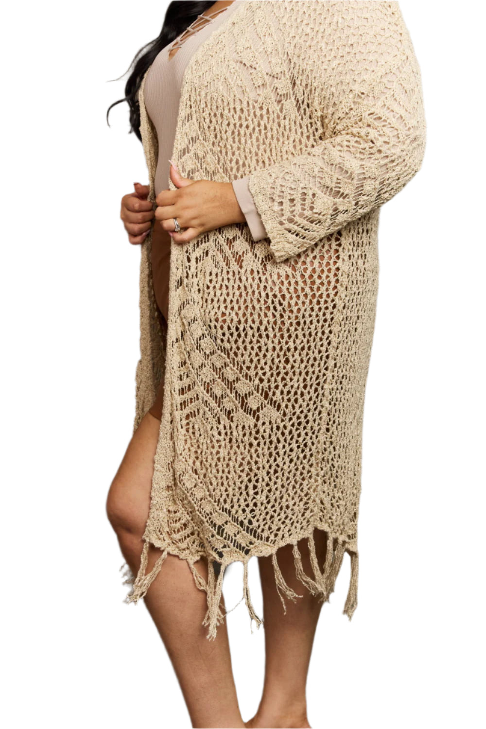 Beige Boho Plus Size 1XL Western Knit Fringe Cardigan - Tigbul's Variety Fashion Shop
