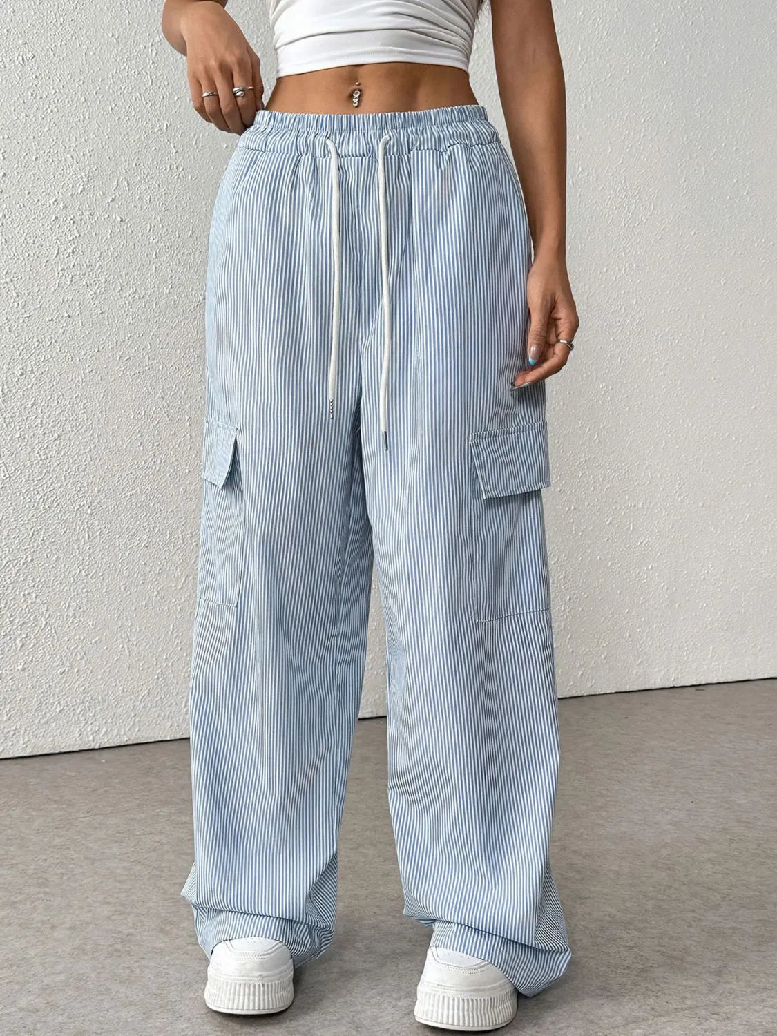 Blue Drawstring Striped Wide Leg Cargo Pants - Tigbul's Variety Fashion Shop