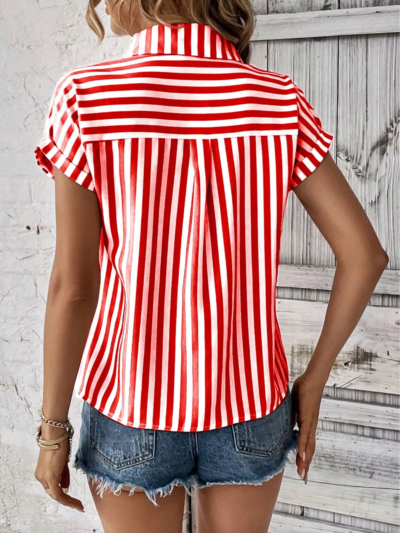 Striped Button-Up Short Sleeve Shirt with Pocket - Tigbul's Variety Fashion Shop