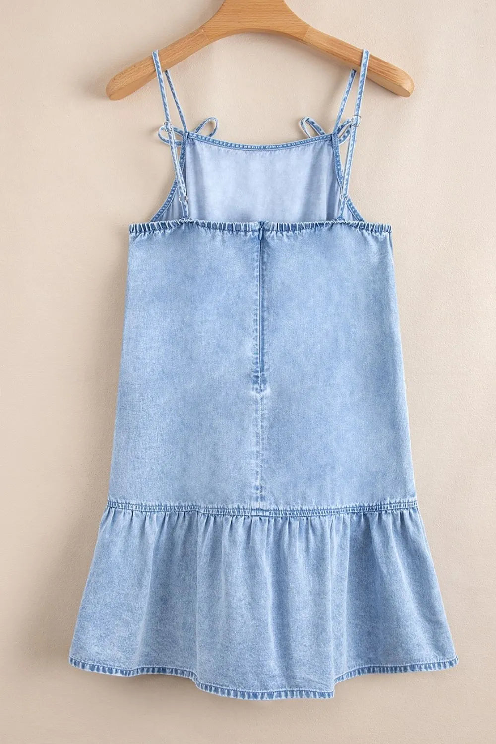 Bow Detail Spaghetti Straps Ruffle Hem Blue Denim Dress - Tigbul's Variety Fashion Shop