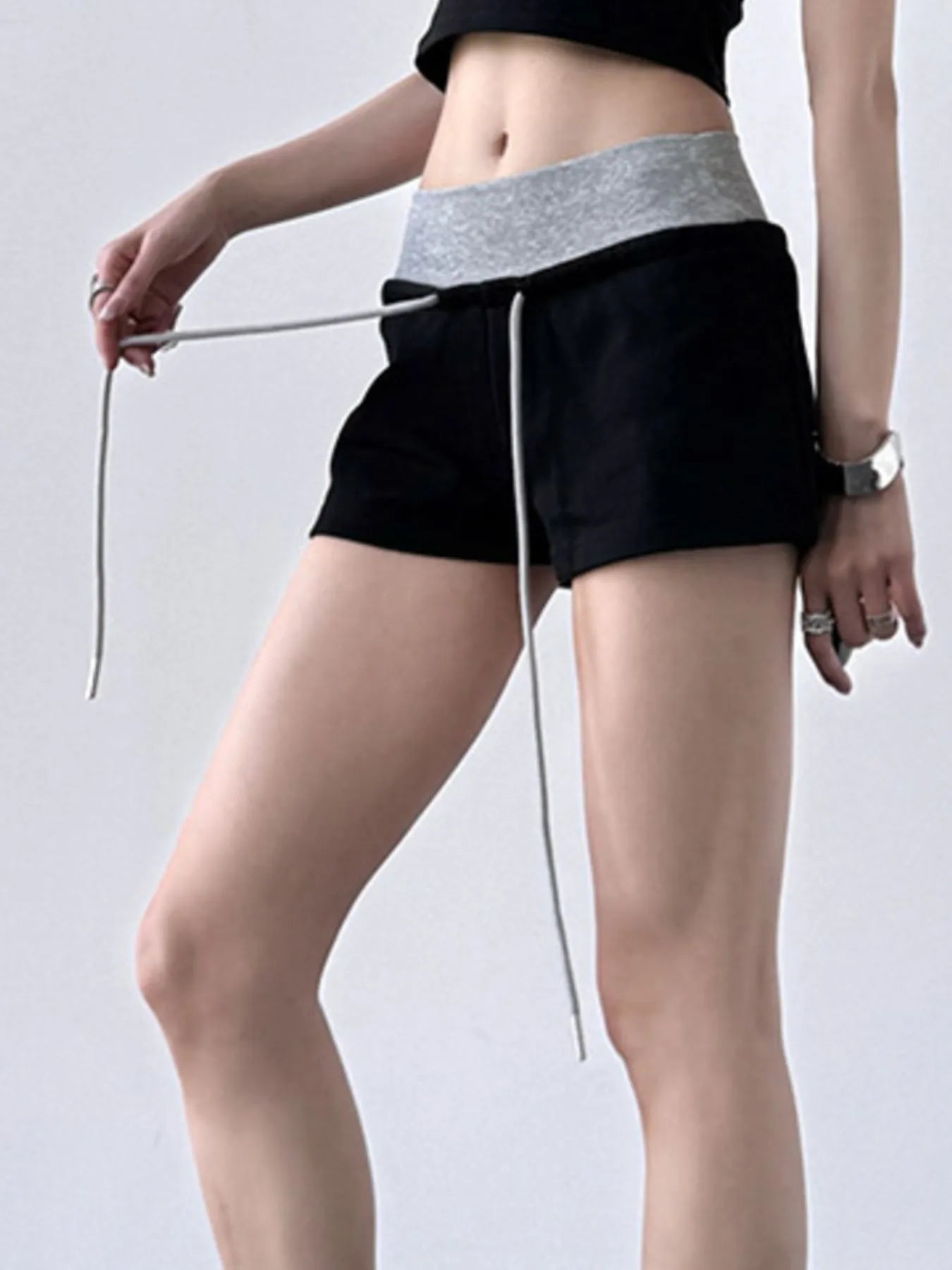 Drawstring Shorts with Contrast Waistband - Tigbul's Variety Fashion Shop