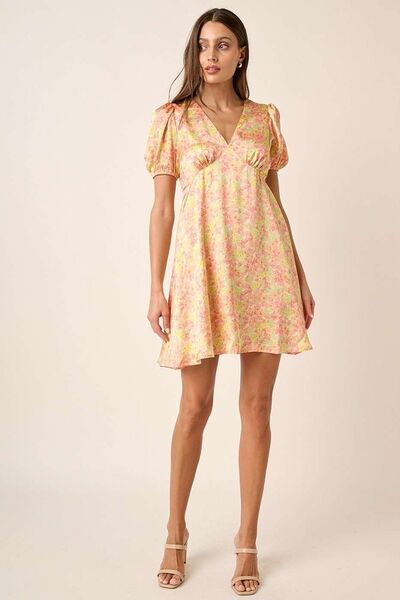 Tellow Combo Printed V-Neck Puff Sleeve Mini Dress - Tigbul's Variety Fashion Shop