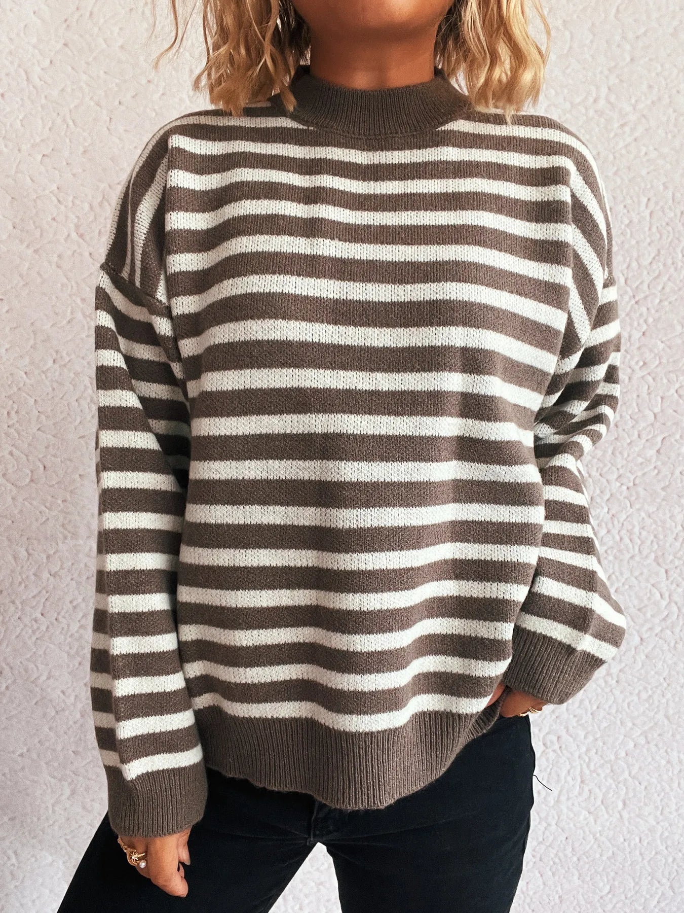 Striped Mock Neck Long Sleeve Sweater - Tigbul's Variety Fashion Shop