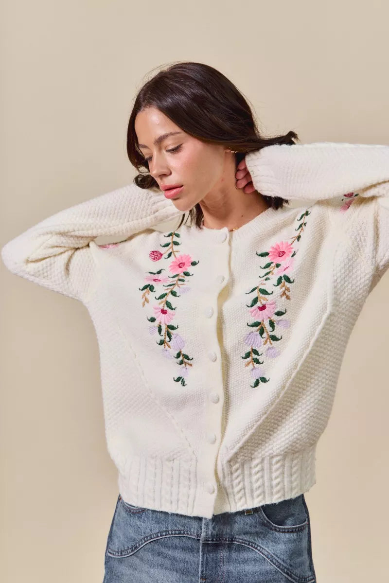 SO ME Floral Embroidered Coquette Sweater Cardigan - Tigbul's Variety Fashion Shop