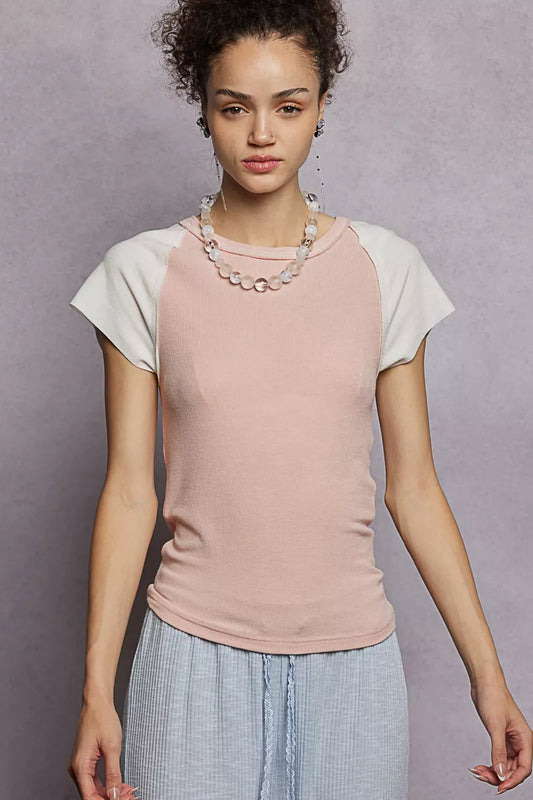 POL Round Neck Outseam Detail T-Shirt with Contrast Color Sleeves - Tigbul's Variety Fashion Shop