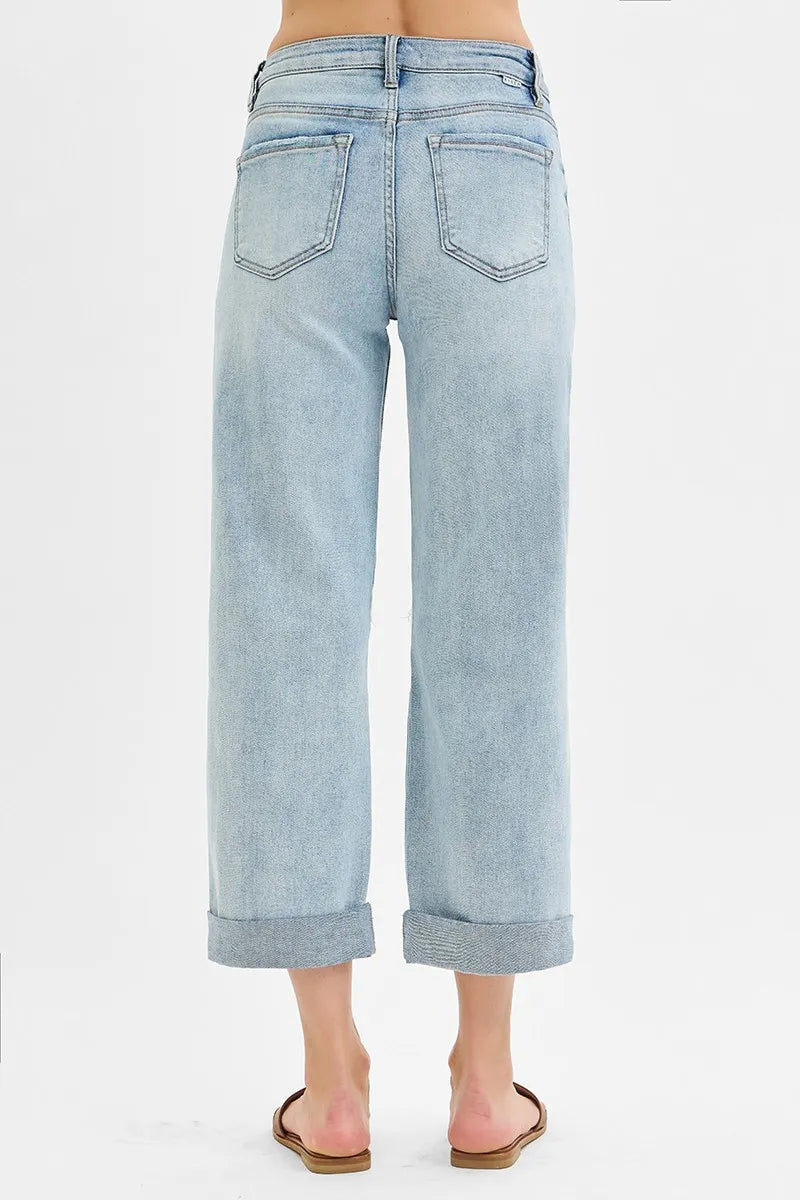 RISEN Full Size Mid Rise Fit Boyfriend Jeans with Cuff Plus Size - Tigbul's Variety Fashion Shop