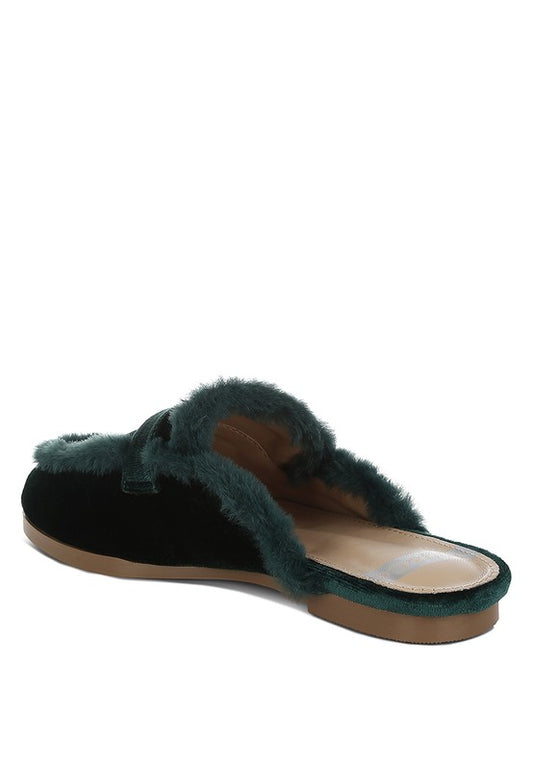 Seyhan Fur Detail Velvet Slip-On Mules - Tigbul's Variety Fashion Shop