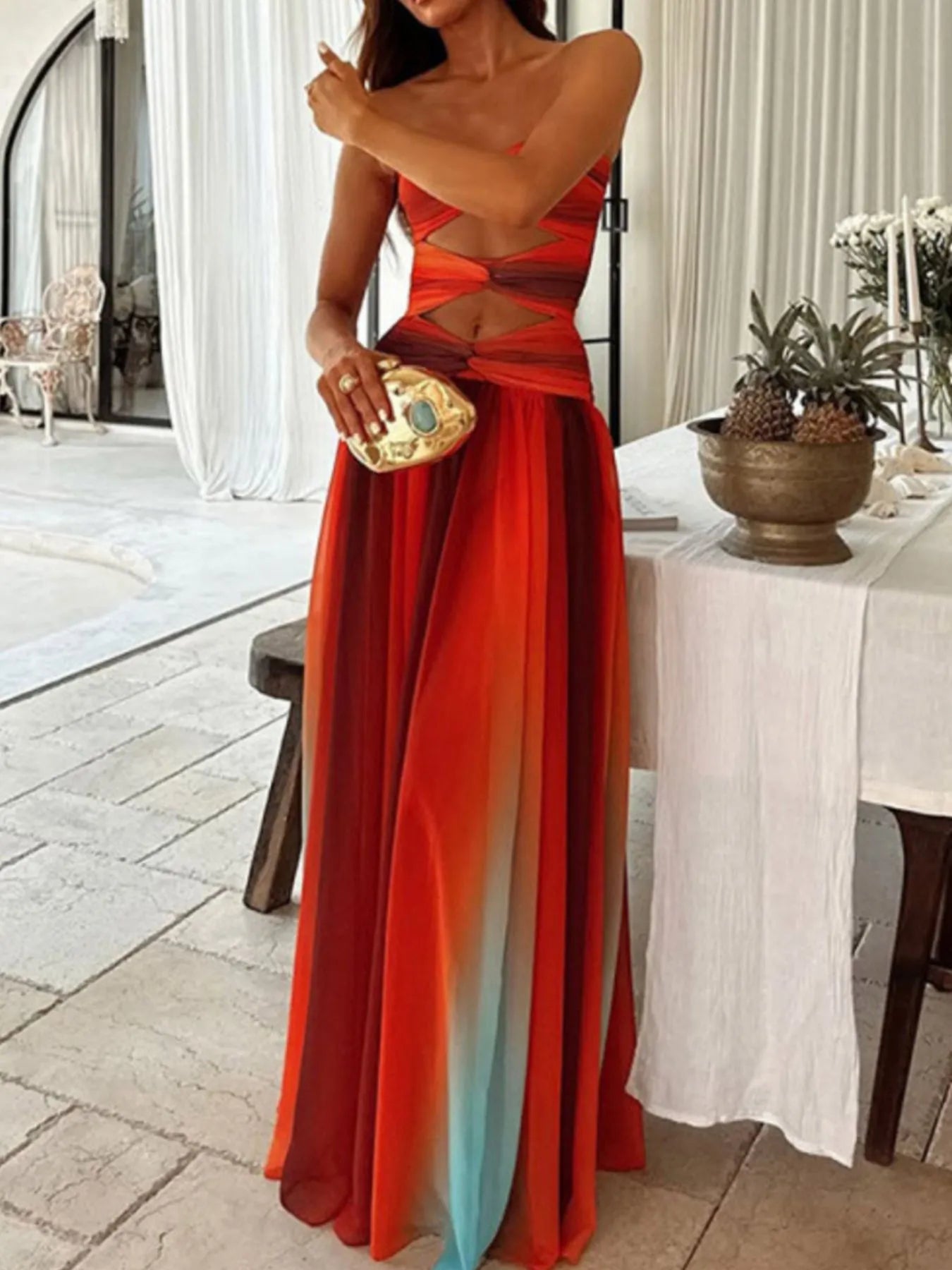 Strapless Cut-Out Rainbow Gradient Maxi Dress - Tigbul's Variety Fashion Shop