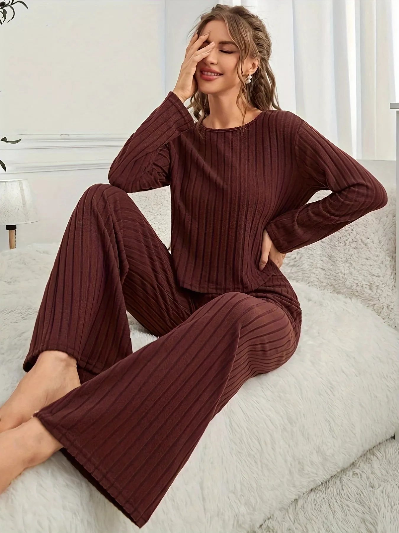 Ribbed Round Neck Long Sleeve Top and Pants Lounge Set - Tigbul's Variety Fashion Shop