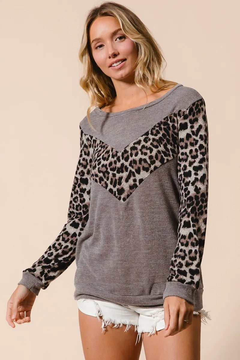 BiBi Sweater Knit Top With Leopard V Shape Block - Tigbul's Variety Fashion Shop