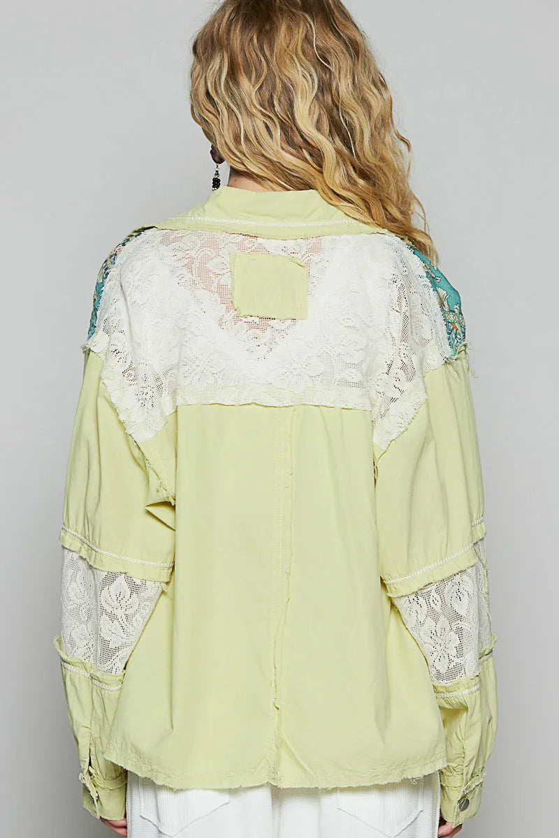 POL Printed Woven Mix Raw Hem Jacket with Lace Detail - Tigbul's Variety Fashion Shop