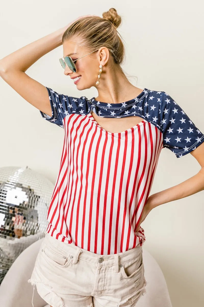 American Flag Theme Front Cut Out Top - Tigbul's Variety Fashion Shop