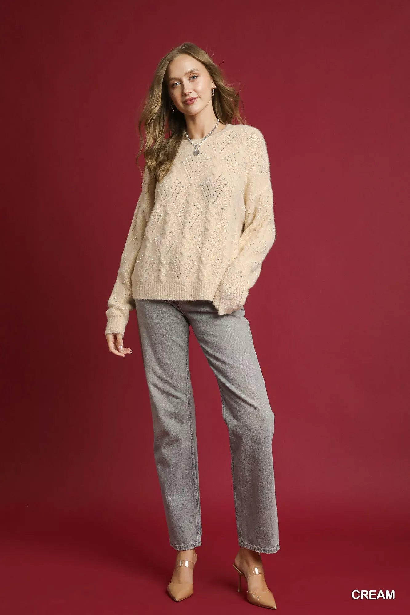 Umgee Pearl-Embellished Long Sleeve Sweater - Tigbul's Variety Fashion Shop