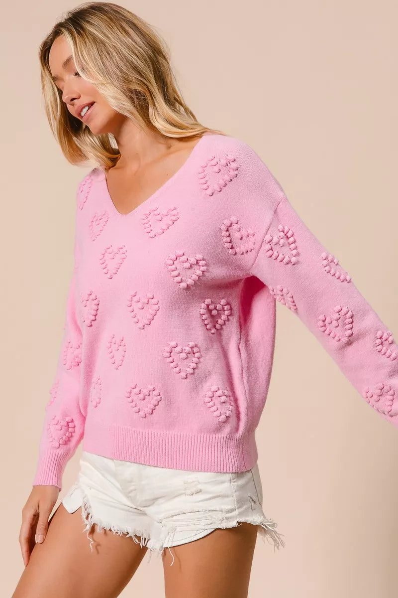 BiBi Valentines Heart Pompom V Neck Knit Top - Tigbul's Variety Fashion Shop