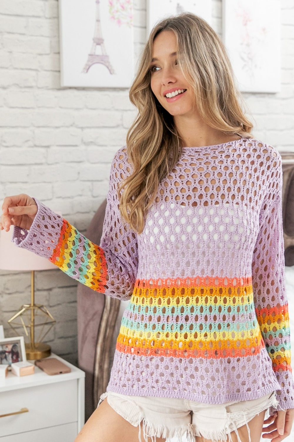 BiBi Rainbow Stripe Hollow Out Cover Up - Tigbuls Variety Fashion