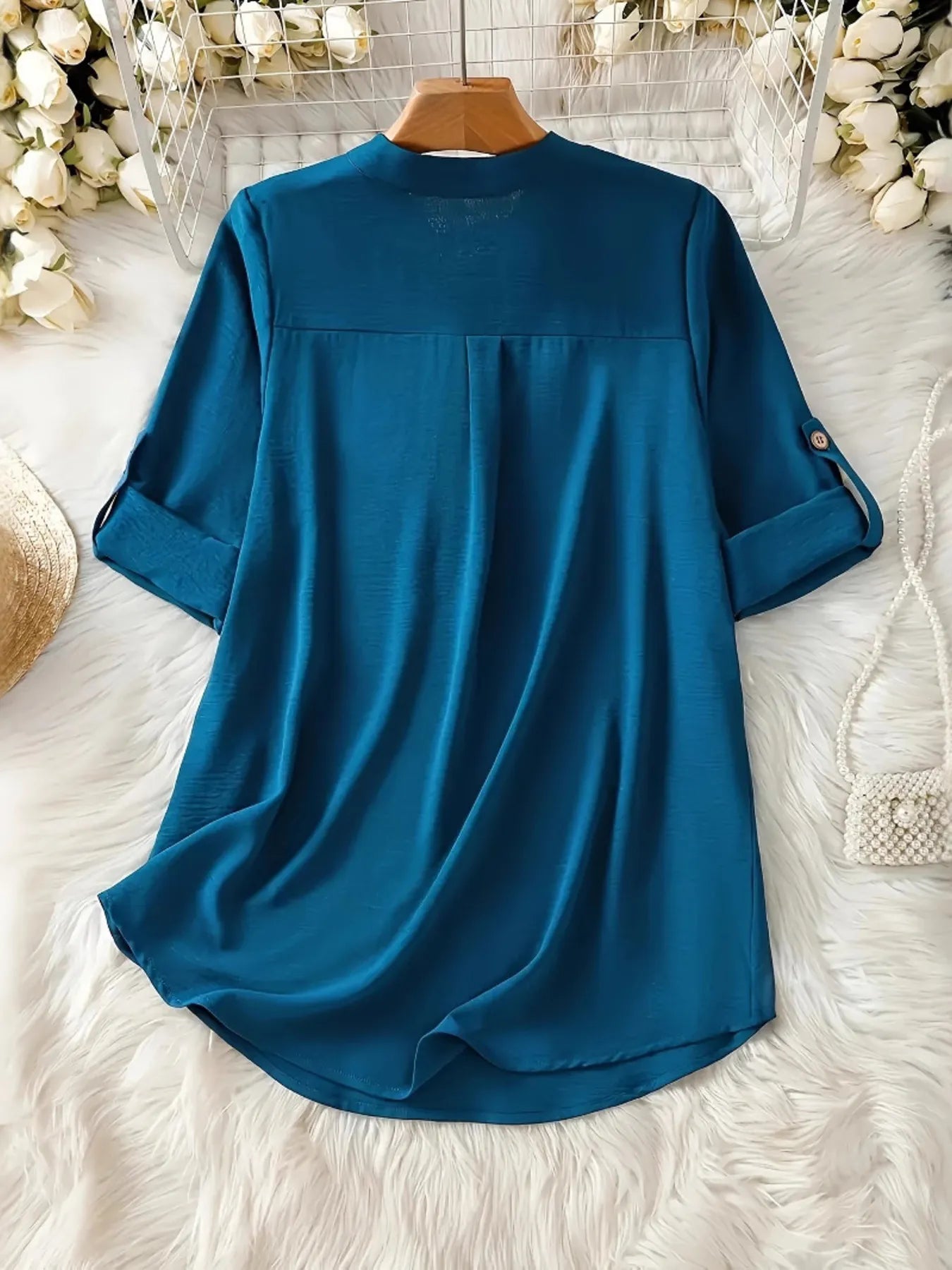 Notched Roll-Tab Sleeves Blouse - Tigbul's Variety Fashion Shop