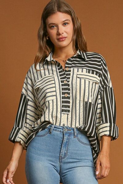 Black Pointelle Stripped Half Button Collared Neck Top - Tigbul's Variety Fashion Shop