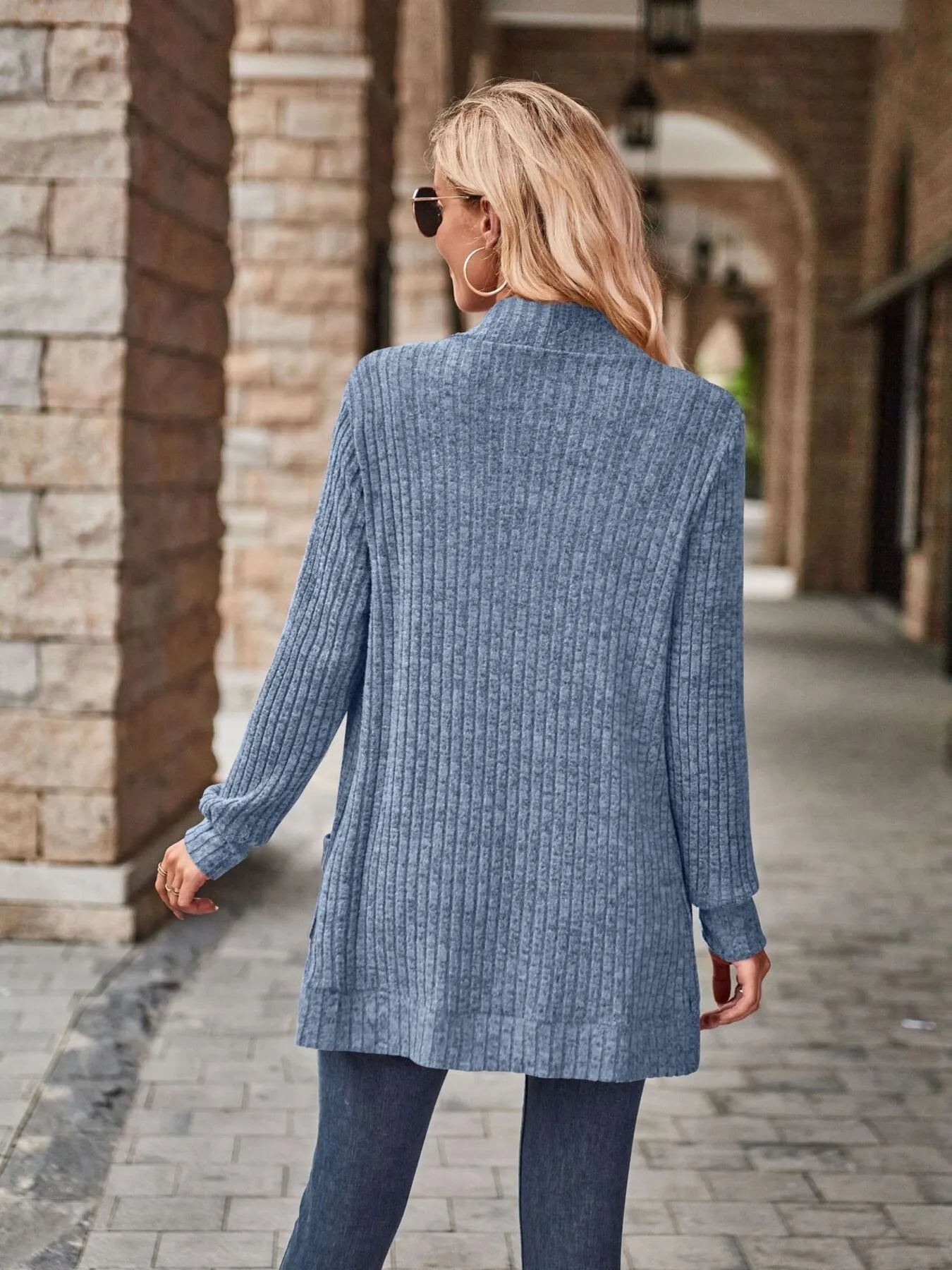 Ribbed Open Front Long Cardigan with Pockets - Tigbul's Variety Fashion Shop