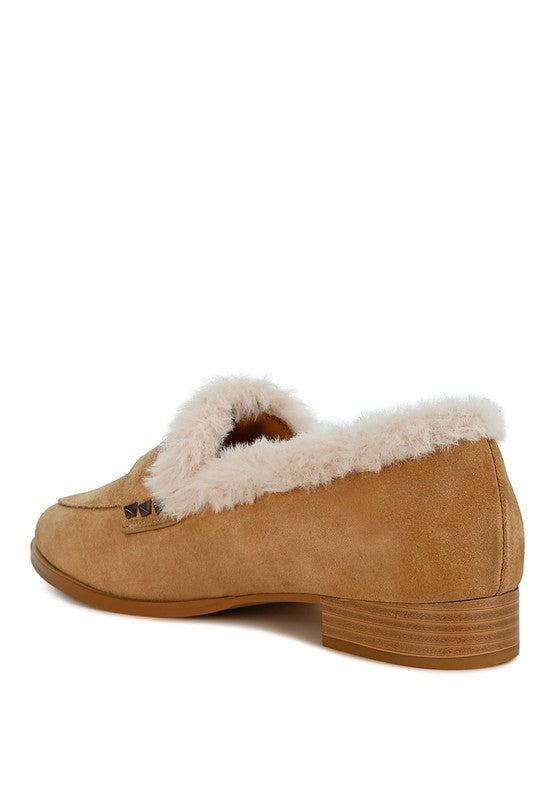 Allie Fur Trim Genuine Suede Loafers - Tigbul's Variety Fashion Shop