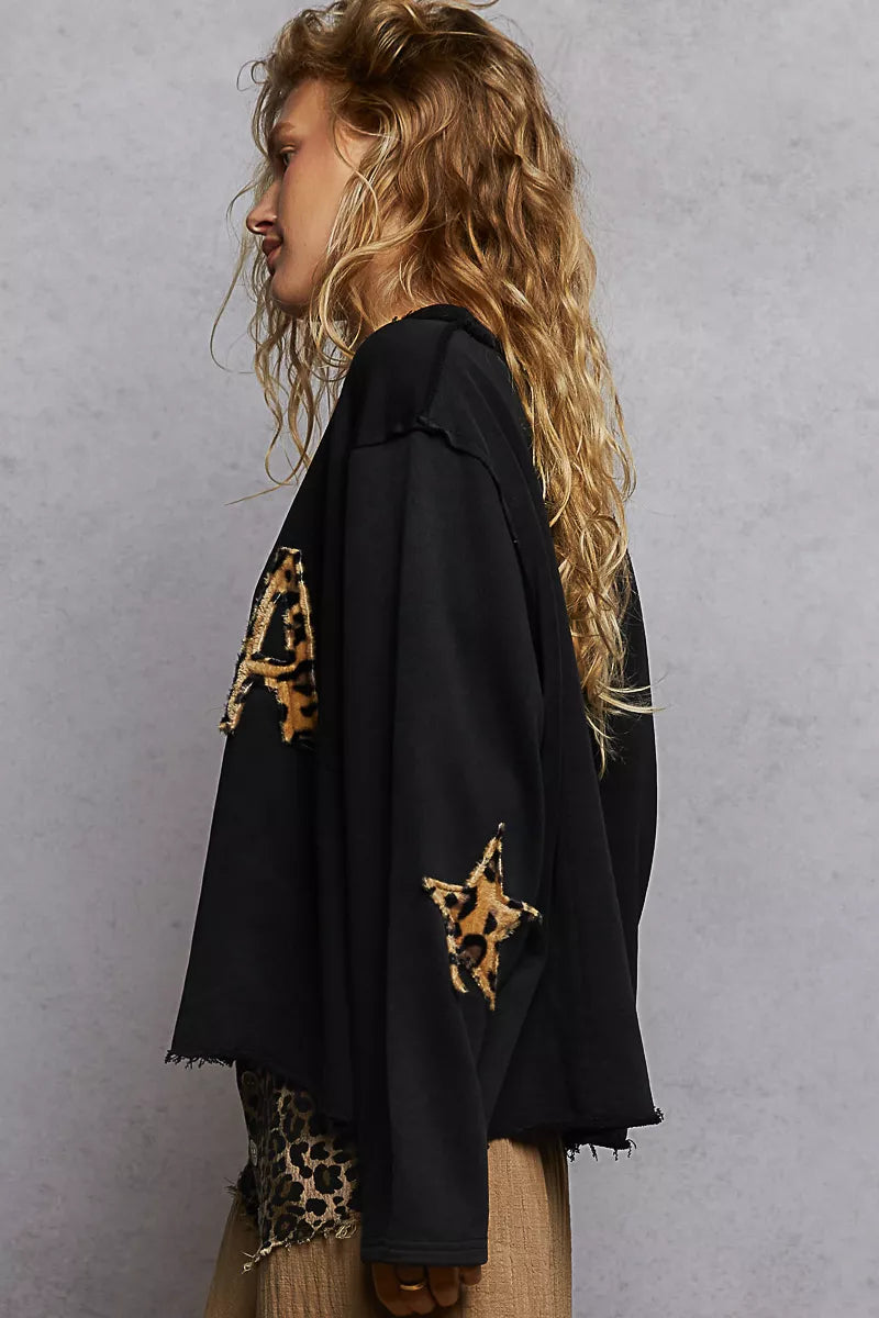 POL Round Neck Long Sleeve French Terry Sweatshirt with USA Letter Animal Patch - Tigbul's Variety Fashion Shop
