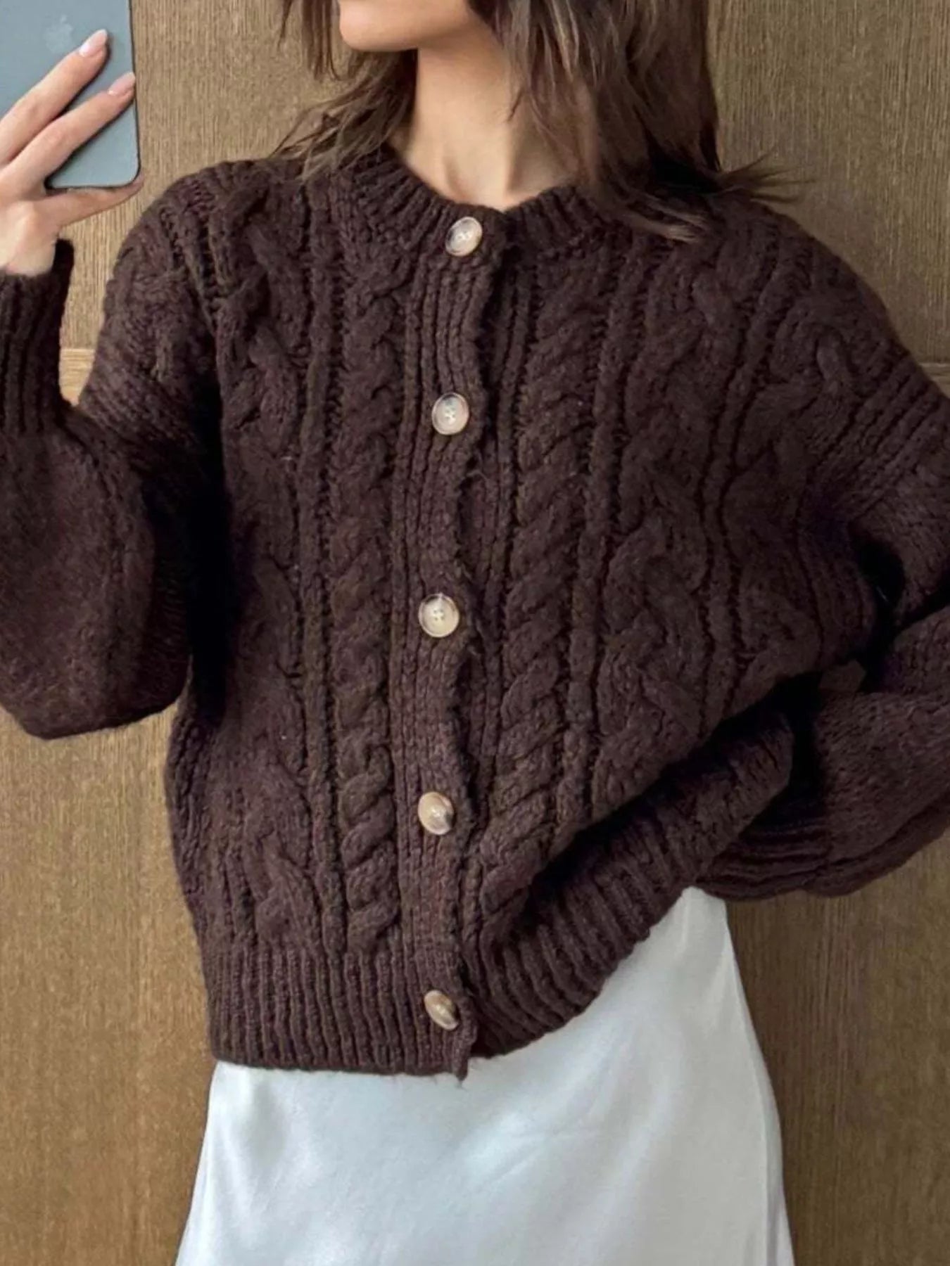 Cable Knit Button-Down Cardigan - Tigbul's Variety Fashion Shop