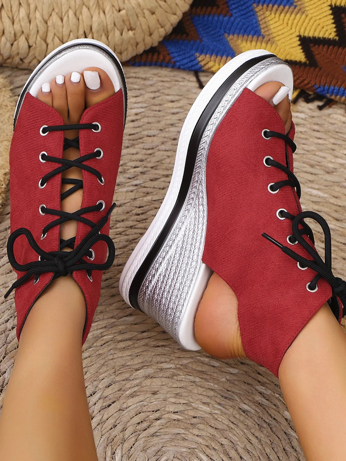 Lace Up Open Toe Wedge Sandals - Tigbul's Variety Fashion Shop