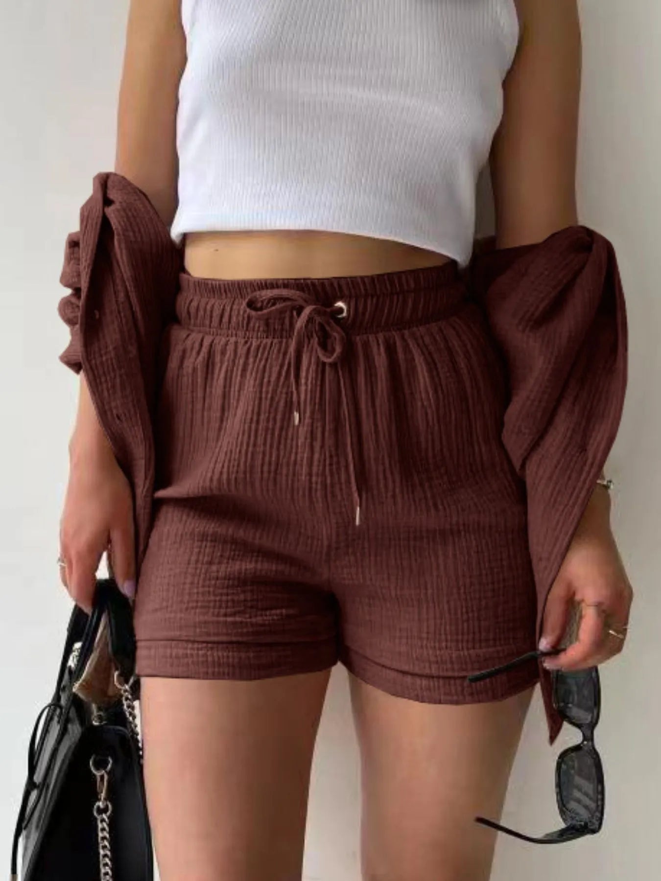 Textured Button Up Shirt and Shorts Set - Tigbul's Variety Fashion Shop