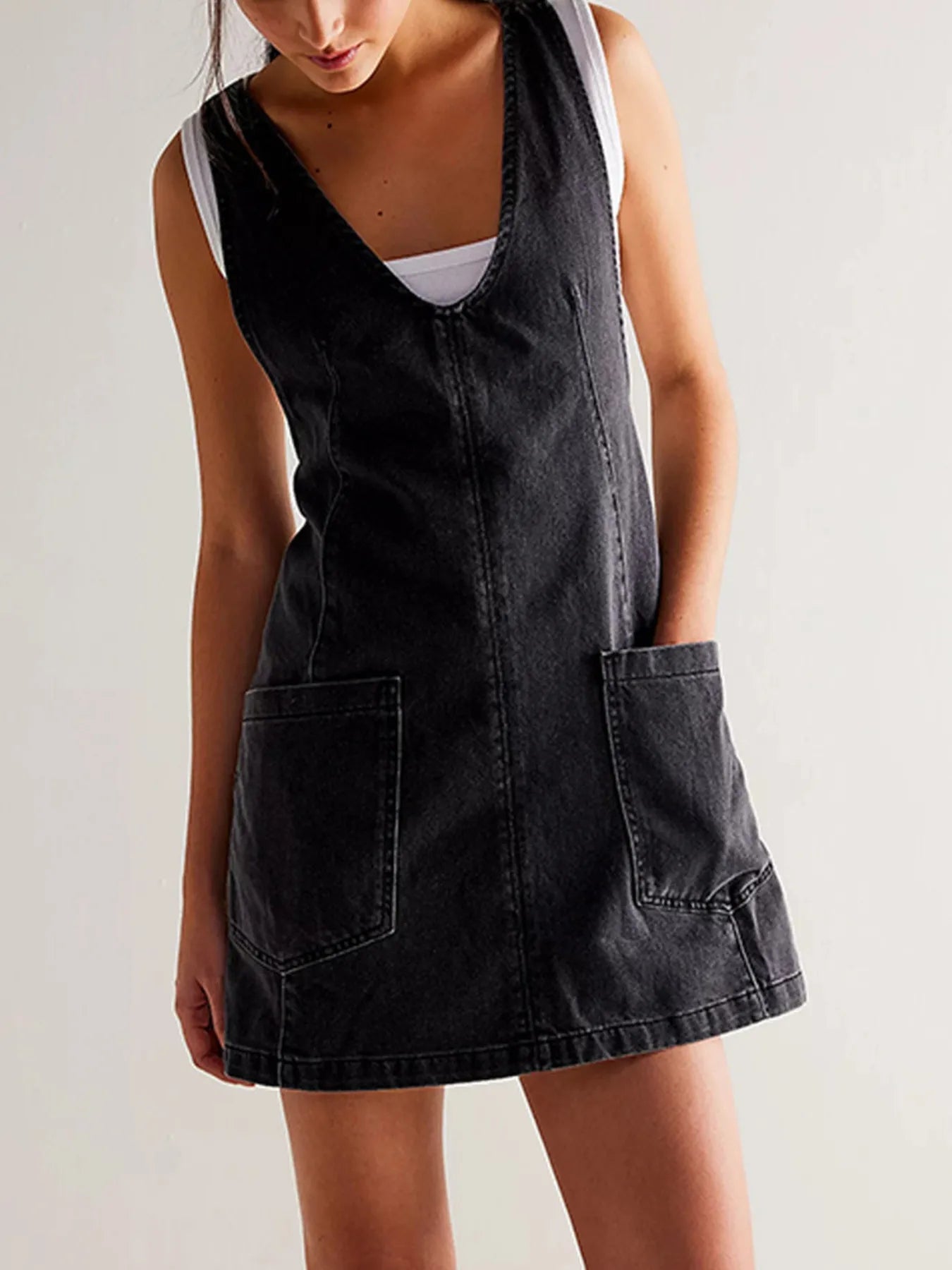 Oversized V-Neck Denim Tank Dress with Front Pockets - Tigbul's Variety Fashion Shop