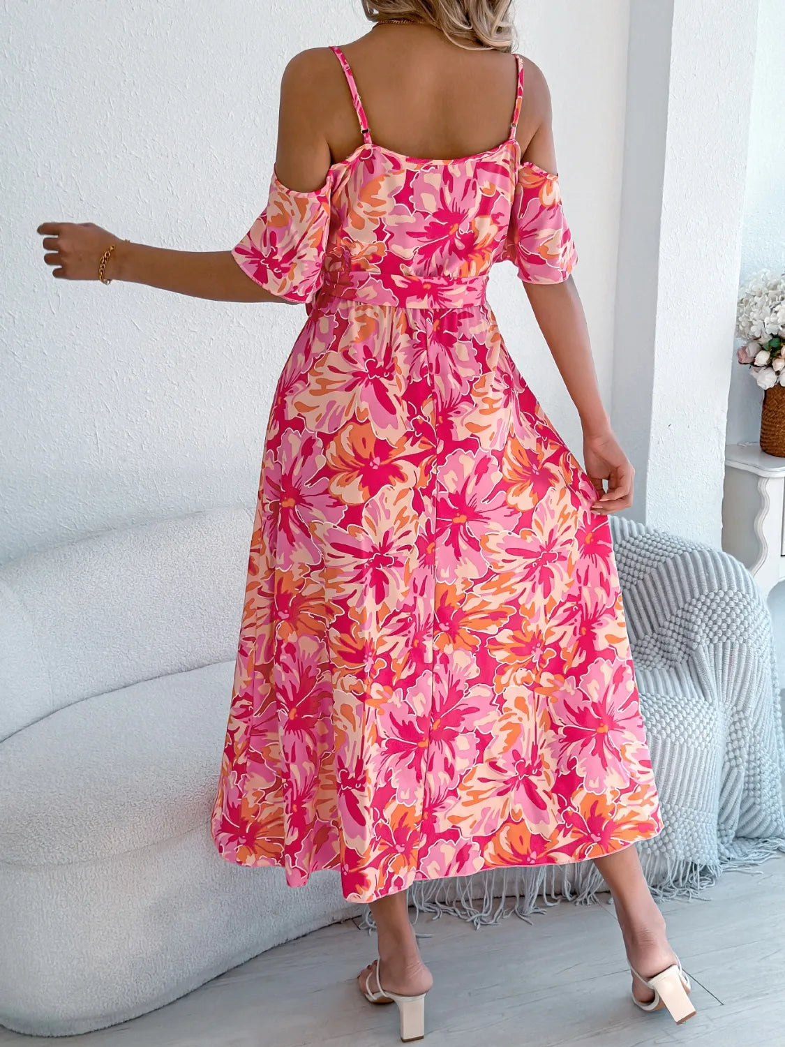 Printed Cold Shoulder Midi Cami Dress - Tigbul's Variety Fashion Shop